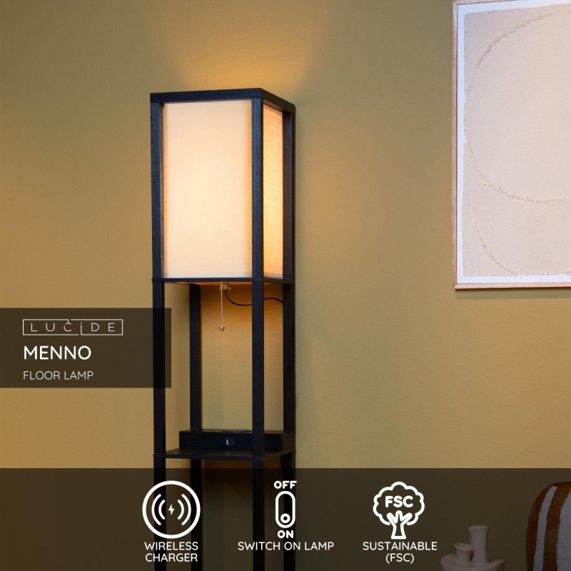 Lucide MENNO - Stojacia lampa - 1xE27 - S bezdrôtovou nabíjačkou - Čierna